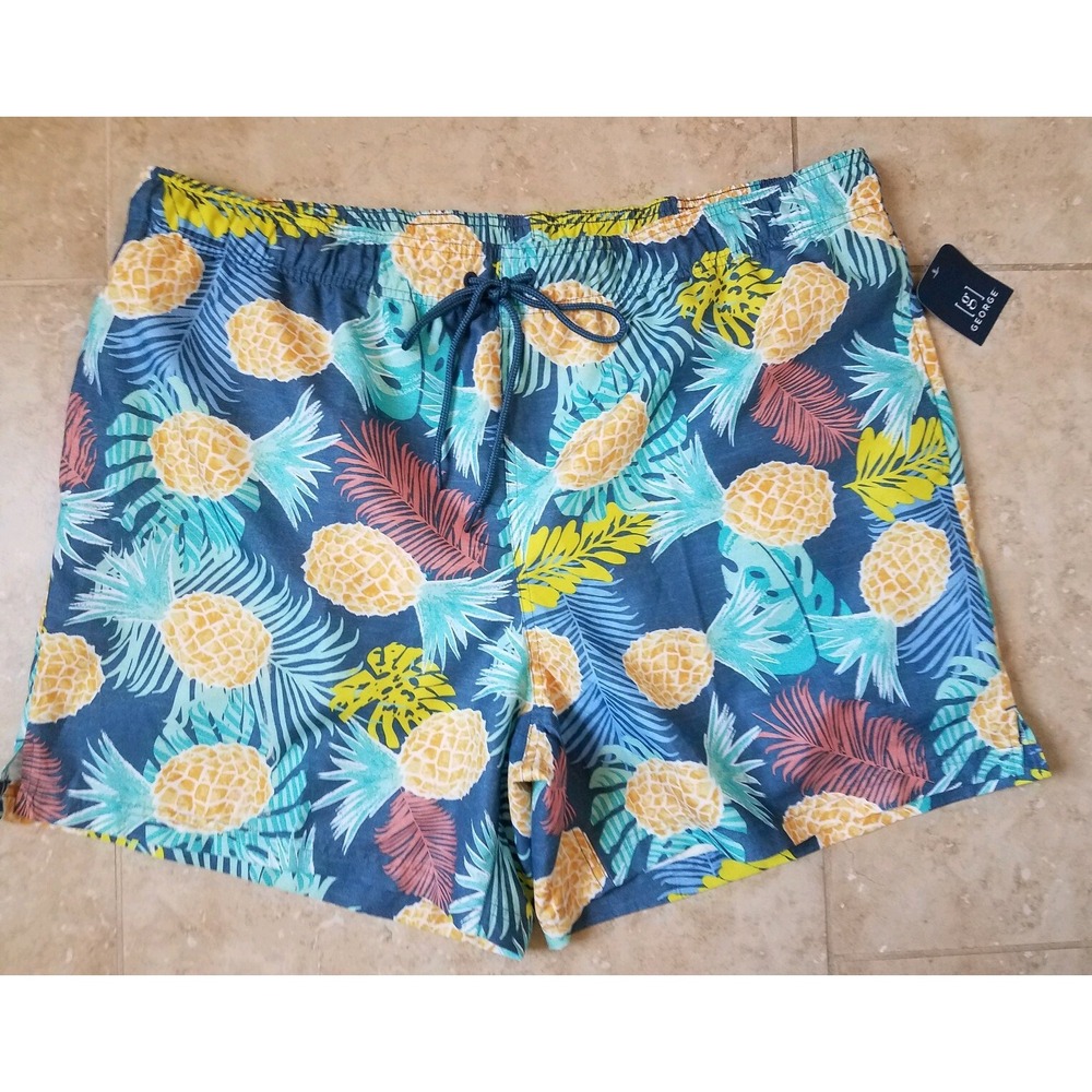 George Men Swim Shorts‎ Trunks w/ Brief Pockets Pineapple Tropical 2X (44-46)